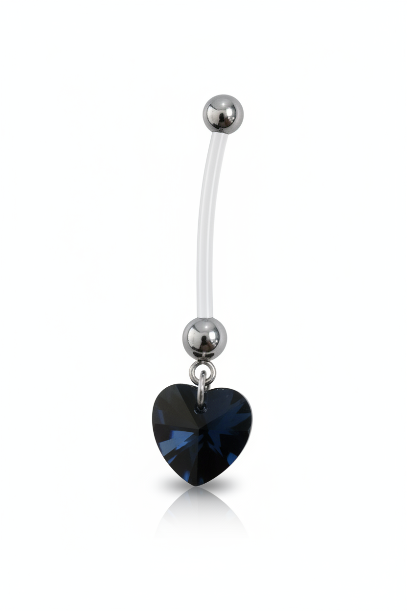 Blue Crystal Heart Acrylic Pregnancy Belly Button Ring in 316l stainless steel close up detail.
