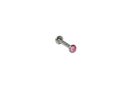 Internally Threaded Light Pink Opal Labret Lip Ring in 316l stainless steel close up detail.