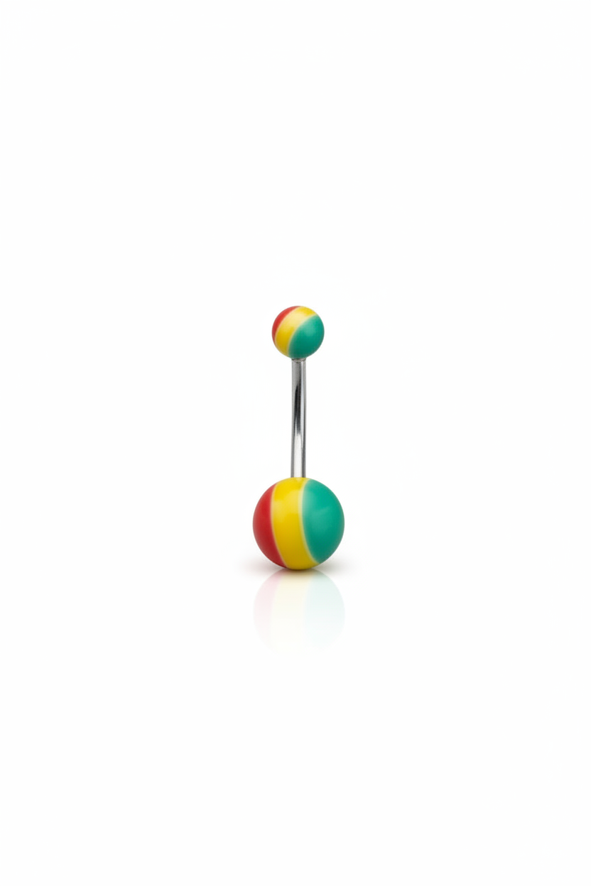 Rastafarian Striped Acrylic Belly Button Ring in 316l stainless steel on a white baclground.