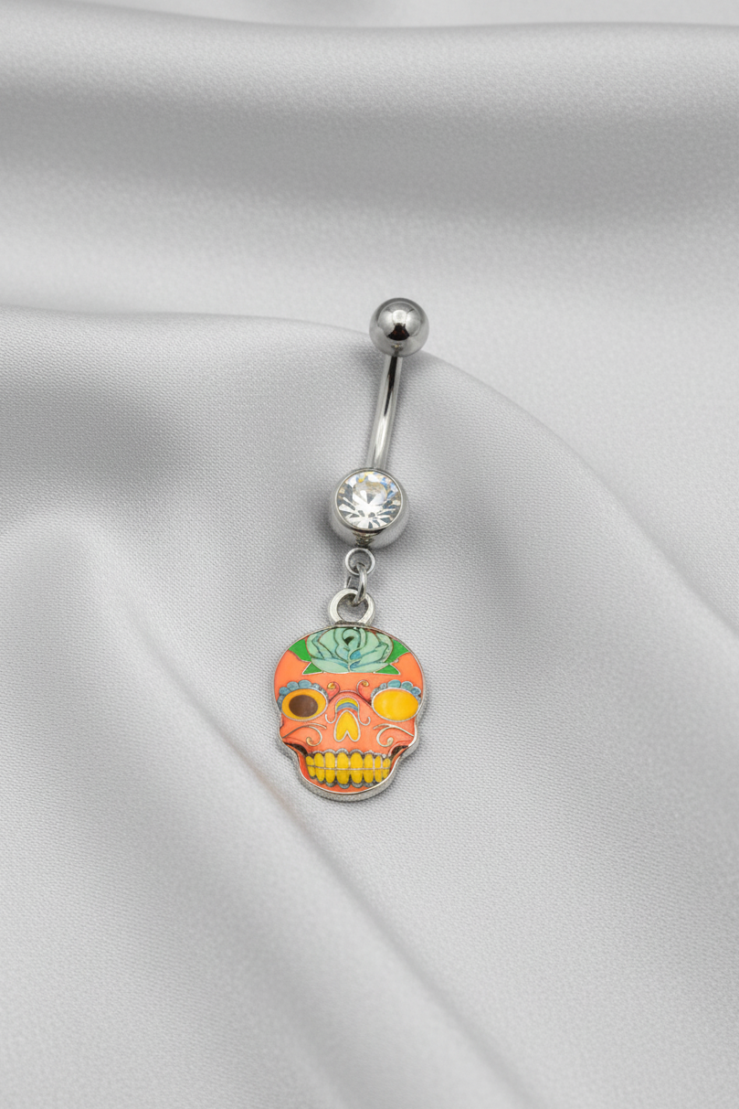 Clear Crystal Floral Sugar Skull Belly Button Ring in 316l stainless steel.