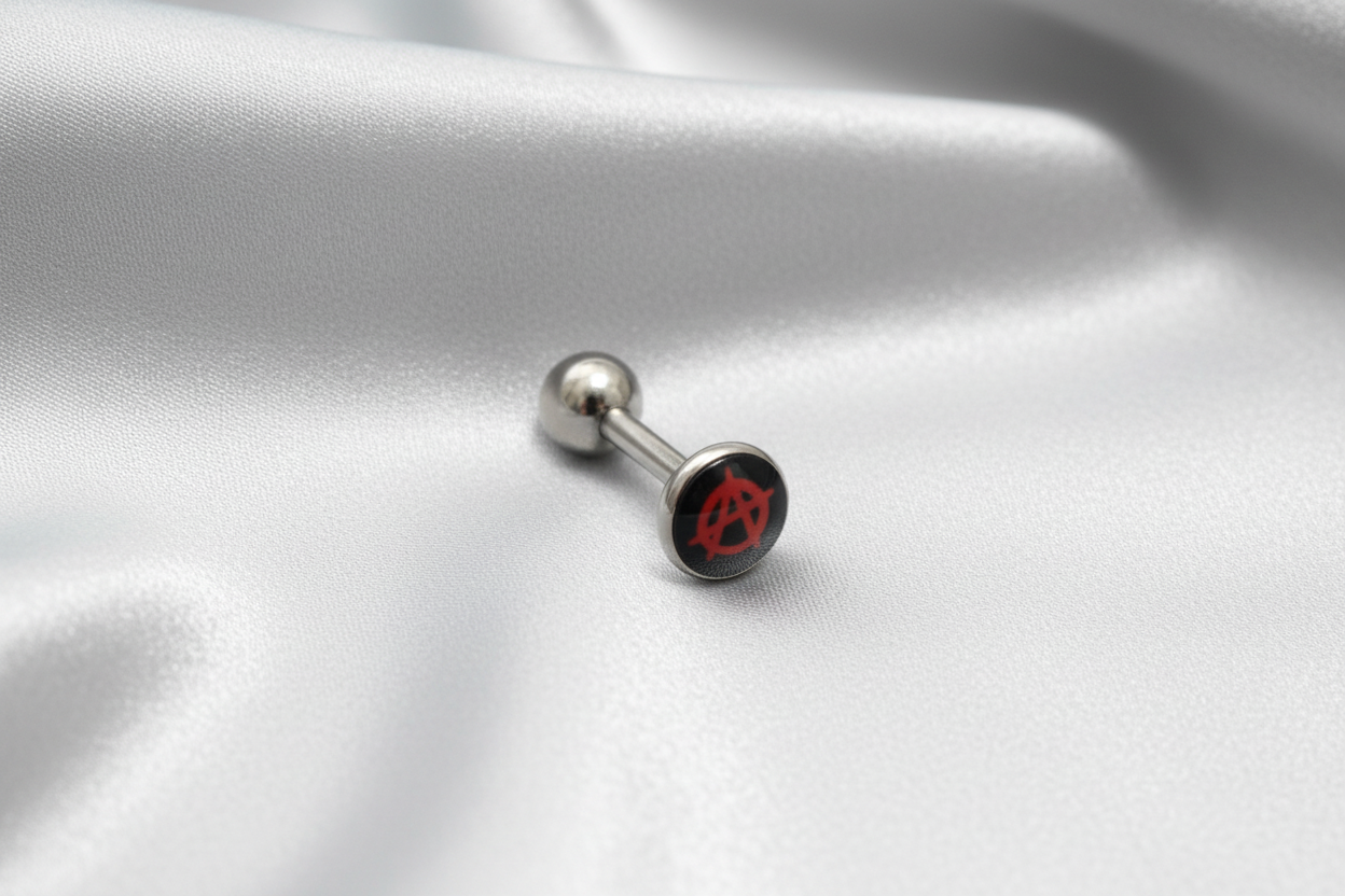 Red Anarchy Symbol tongue barbell in 316l stainless steel