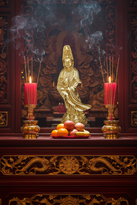 Ancient Goddess Quan Yin Ceramic Mini Figurine - Altar & Sacred Space on a spiritual Oriental Altar.