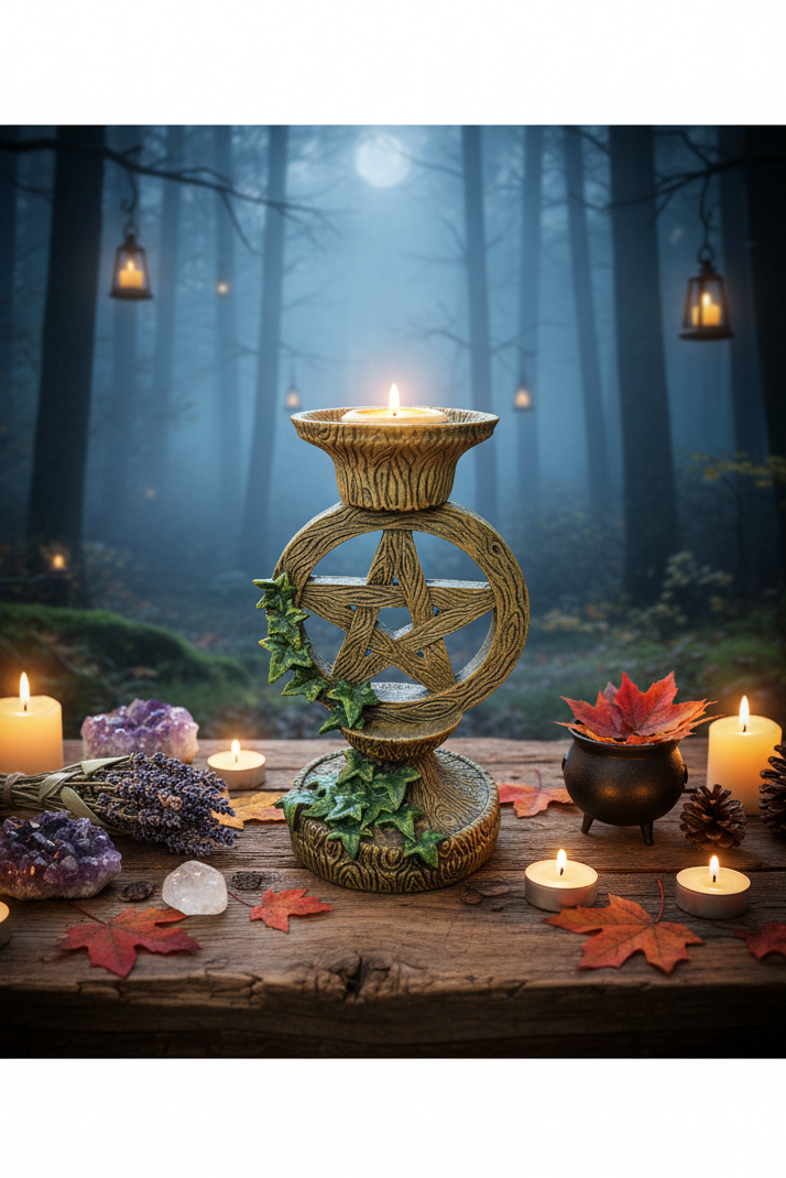 Green Pagan Pentagram Star Resin Candle Holder on a table in a mystical forest at night surrounded by spiritual ritual items with the candle lit showing a warm glow.