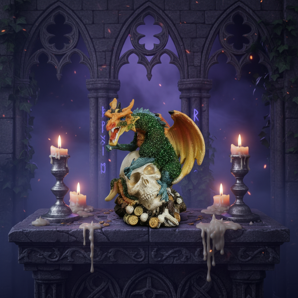 Dragon on Skull Head Green Figurine
