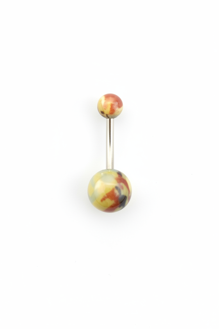 Green & Brown Camouflage Acrylic Belly Button Ring in 316l stainless steel on a white background.
