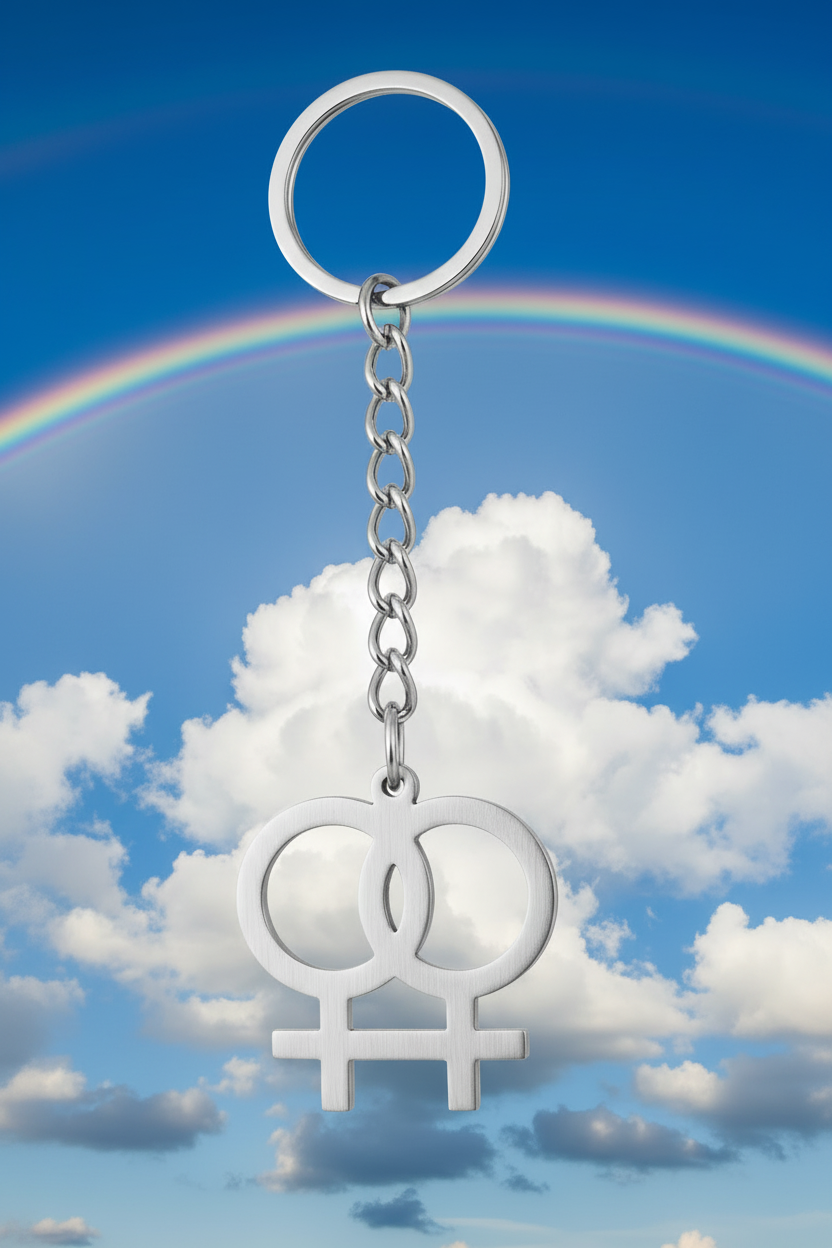 Venus Pride Handmade 316L Stainless Steel Charm Keychain in a blue sky with fluffy clouds and a colorful rainbow.