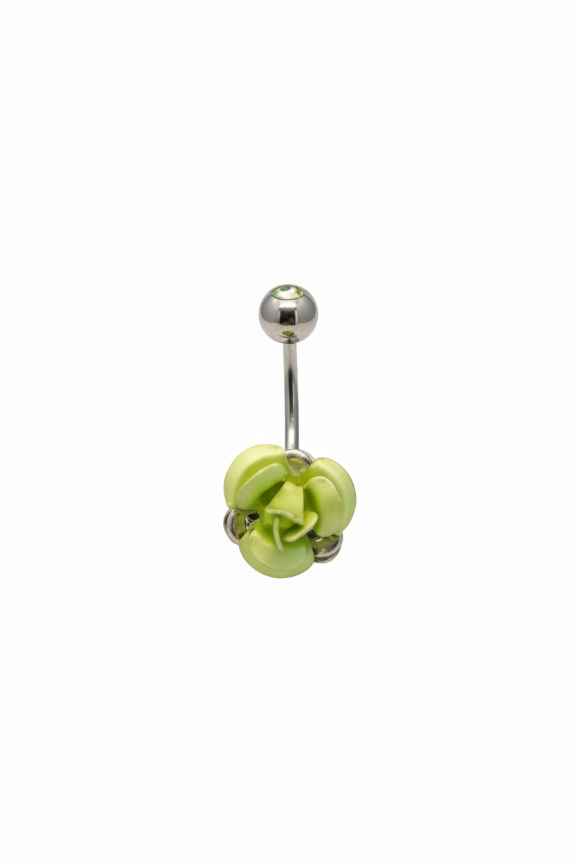 Green Rose Belly Button Ring in 316l stainless steel on a white background.
