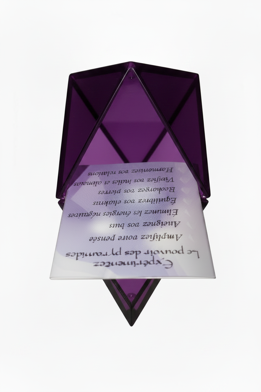 Purple mini pyramid keepsake box open on a white background showing mirrored base interior.
