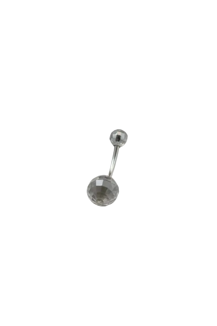 Clear Acrylic Disco Ball Belly Button Ring in 316l stainless steel on a white background.