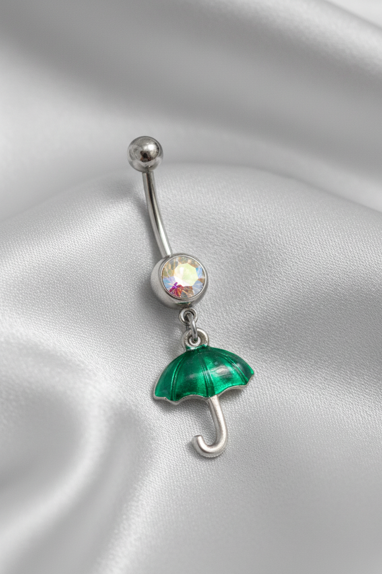 Clear Crystal Green Umbrella Belly Button Ring in 316l stainless steel.
