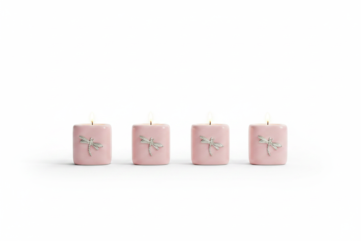 Pink Dragonfly Ceramic Mini Candle Holder Set of Four on a white background with candles lit showing a warm glow.