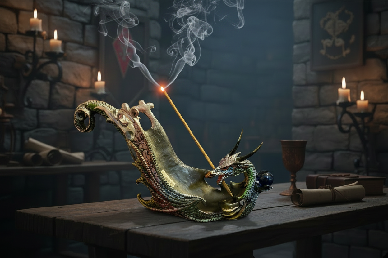 Rainbow Dragon Incense Holder - Resin on a wooden table in a castle setting with incense burning and smoke rising.