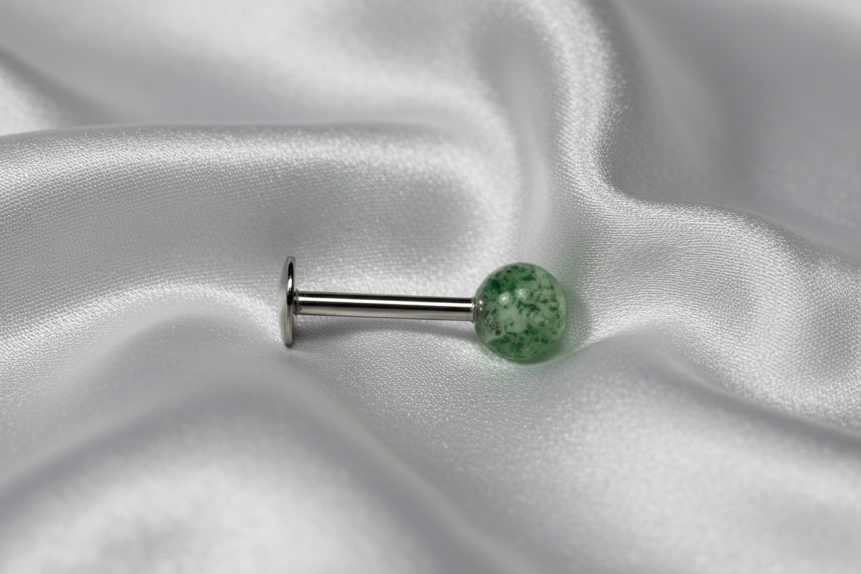 Green Acrylic Labret Lip Ring - 316L Stainless Steel horizontal angle.