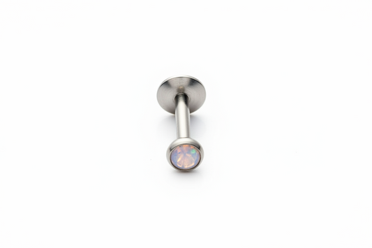 Internally Threaded  Pastel Pink Opal Crystal Labret Lip Ring in 316l stainless steel close up detail.