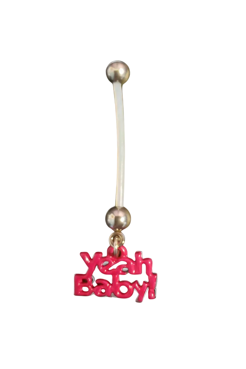 Pink "Yeah Baby" Acrylic Pregnancy Belly Button Ring in 316l stainless steel close up detail.