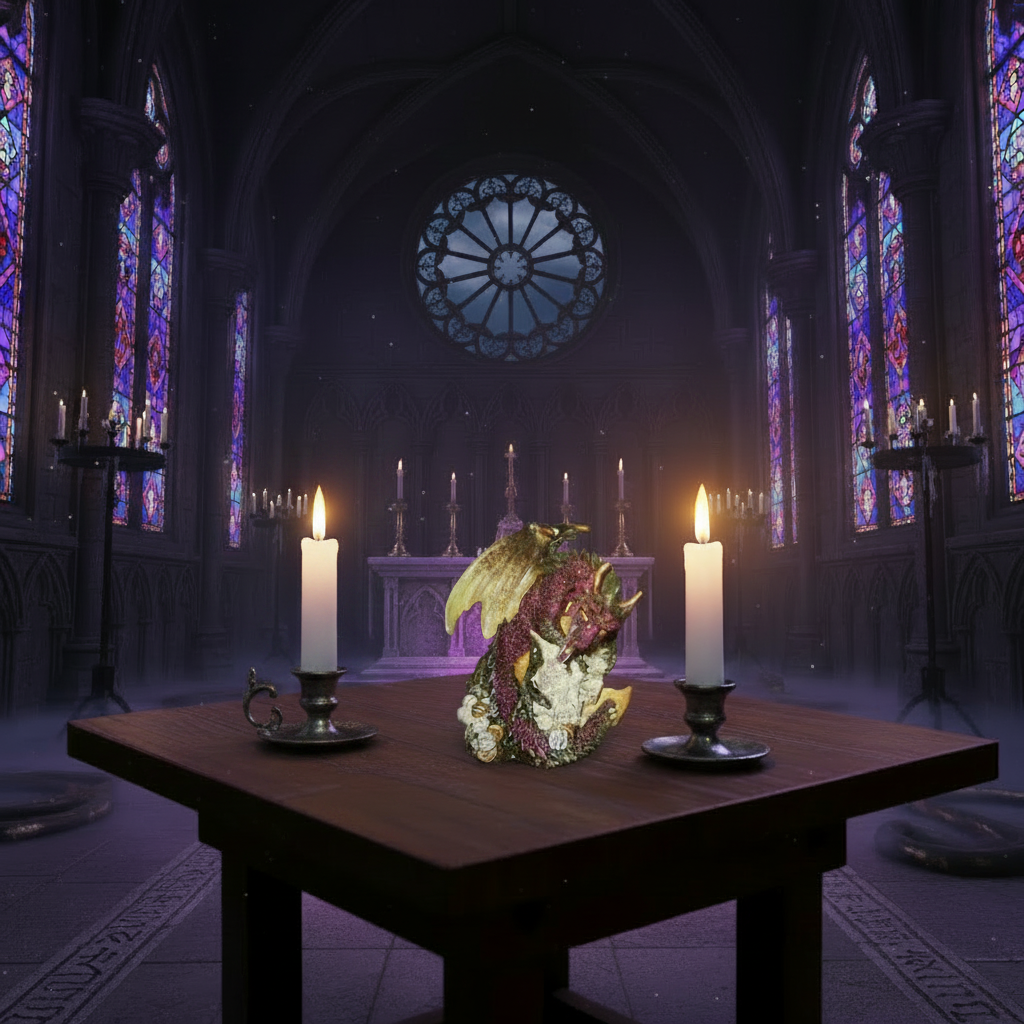 Purple Dragon on Skull Head Resin Figurine - Mystical Home Decor on a wooden table in a gothic cathedral with candles burning.