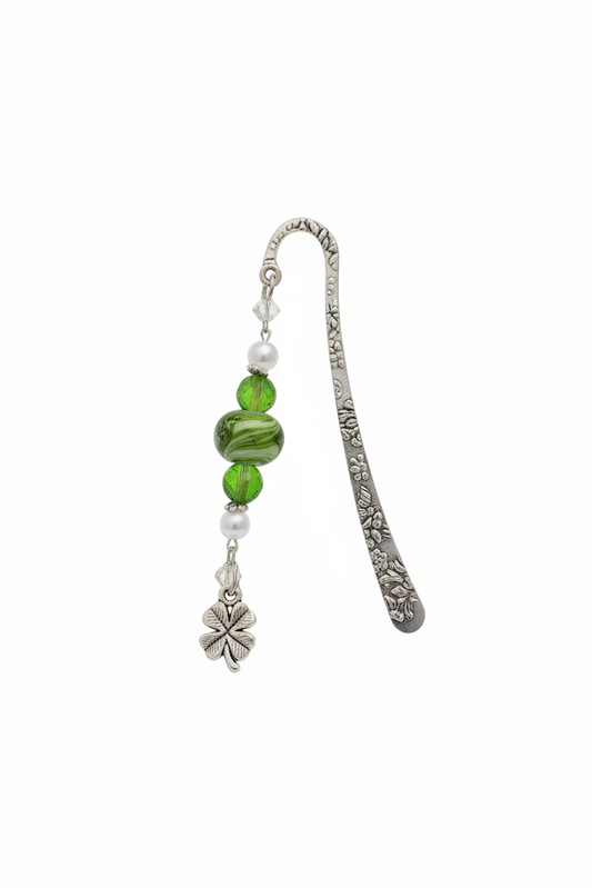 Lucky Clover Handmade Beaded Silver Plated Bookmark - One of a Kind on a white background showing charm detail.