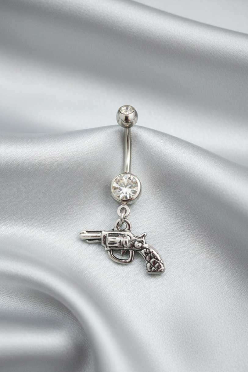 Clear Crystal Handgun Belly Button Ring in 316l stainless steel.