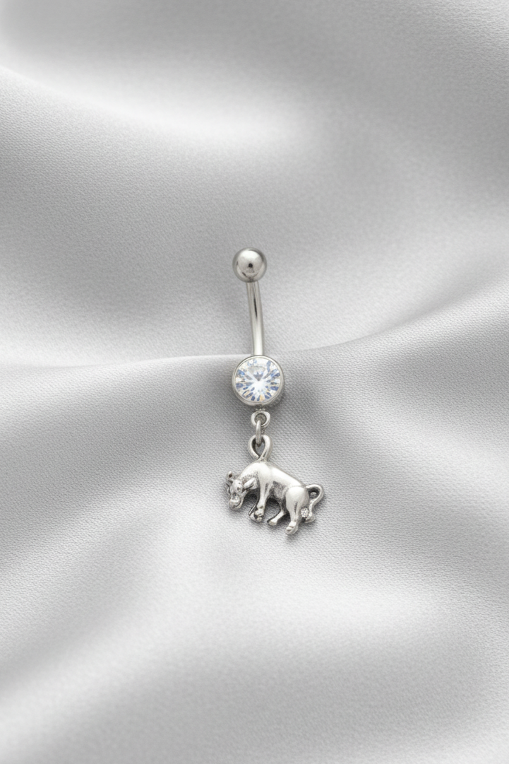 Clear Crystal Taurus Belly Button Ring in 316l stainless steel.