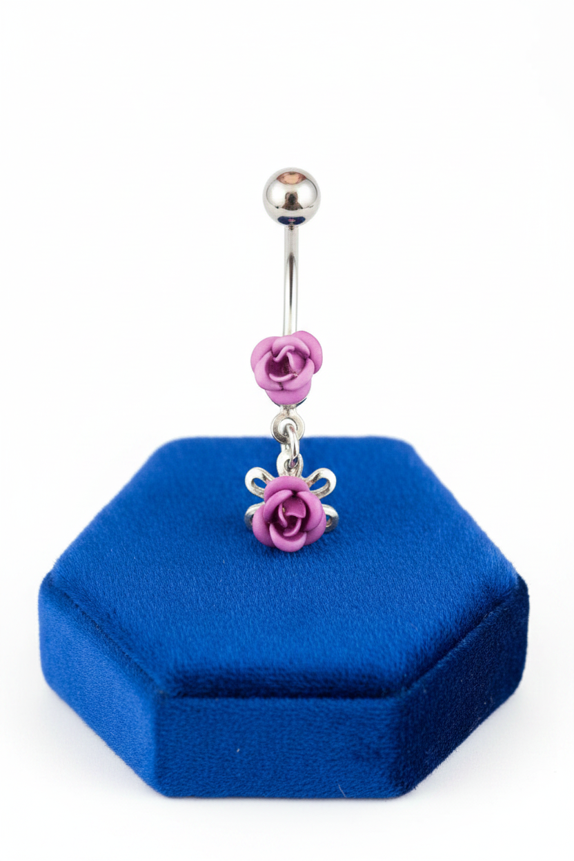 Double Purple Rose Belly Button Ring in 316l stainless steel on a blue velvet jewelry display.