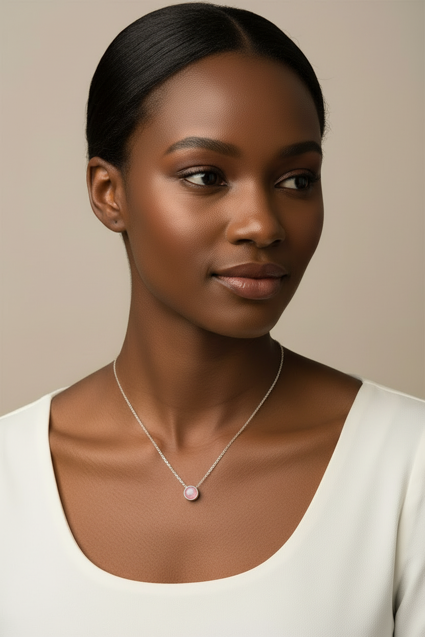 Pink Opal Steel Chain Necklace in 316l stainless steel on a female model.