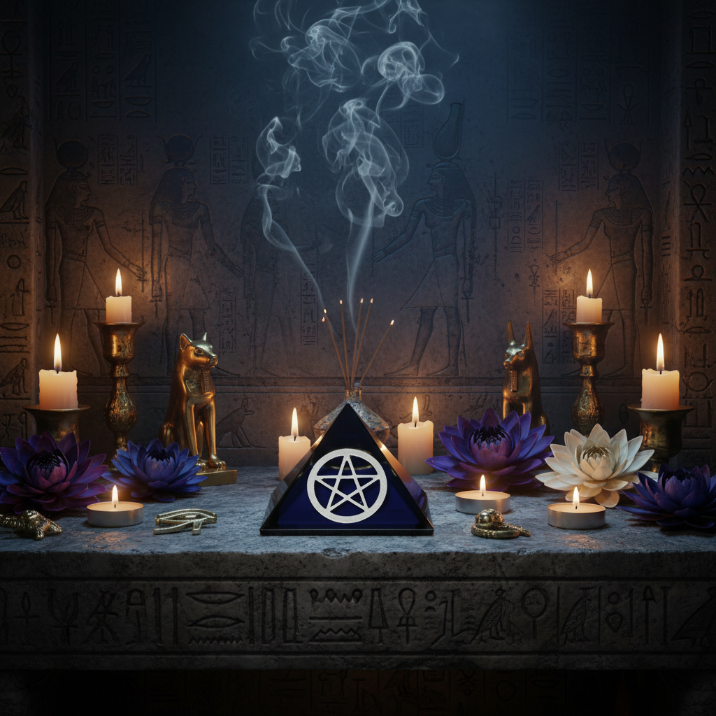 Purple Pentacle Mini Glass Pyramid Keepsake Box on an Egyptian altar.
