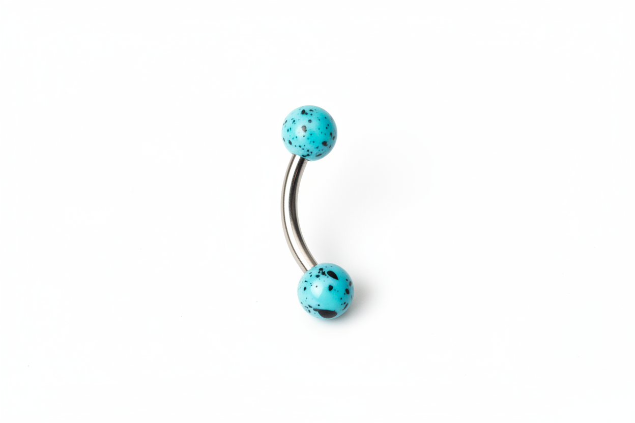 Blue Black Speckled Acrylic Eyebrow Ring in 316l stainless steel vertical angle.