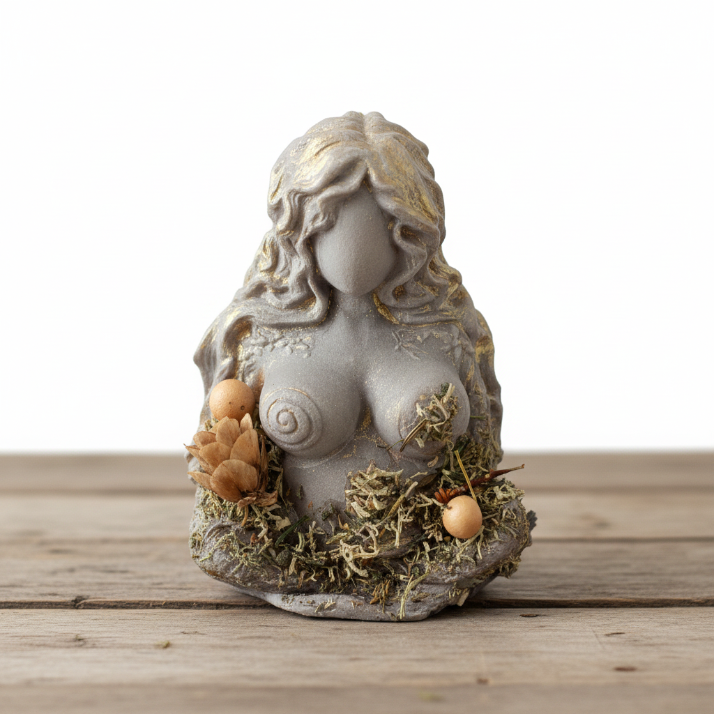 Ancient Goddess Mother Earth Terra Cotta Mini Figurine - Altar & Sacred Space on a wooden table with a white background.