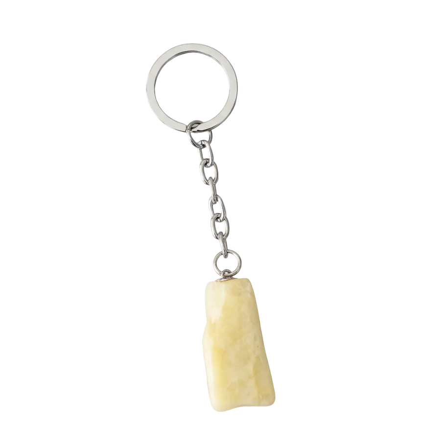 White Agate Natural Earth Stone Handmade Steel Plated Keychain on a white background.
