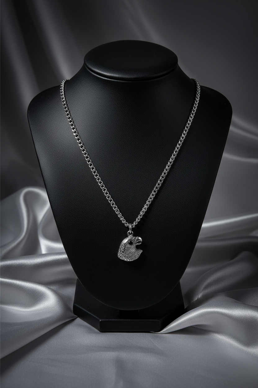 Eagle Head Steel Chain Necklace in 316l stainless steel on a black bust.