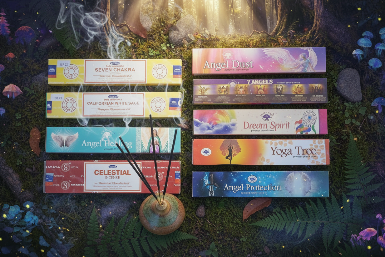 Angelic Empowerment Incense Variety Gift Package burning in a mystical forest setting with smoke rising.