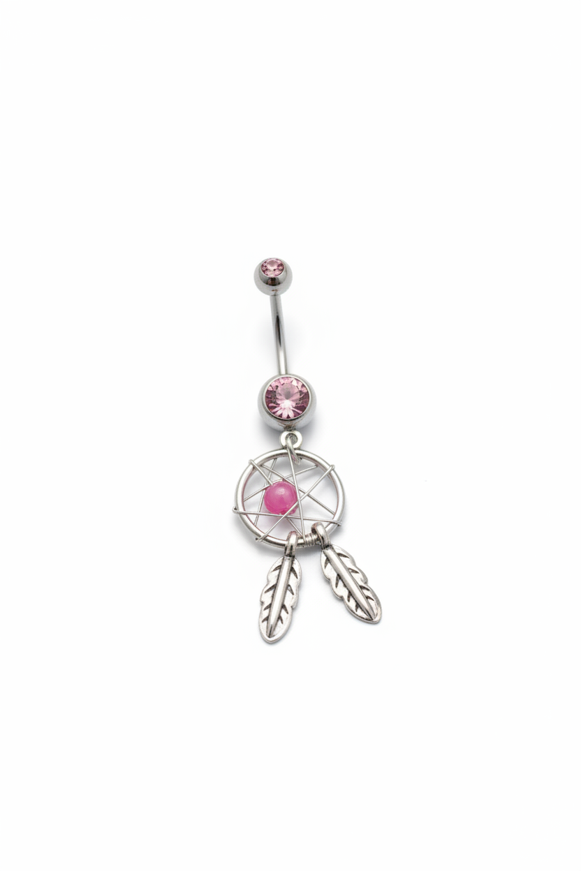 Pink Crystal Mystical Dream Catcher Belly Button Ring in 316l stainless steel close up detail.