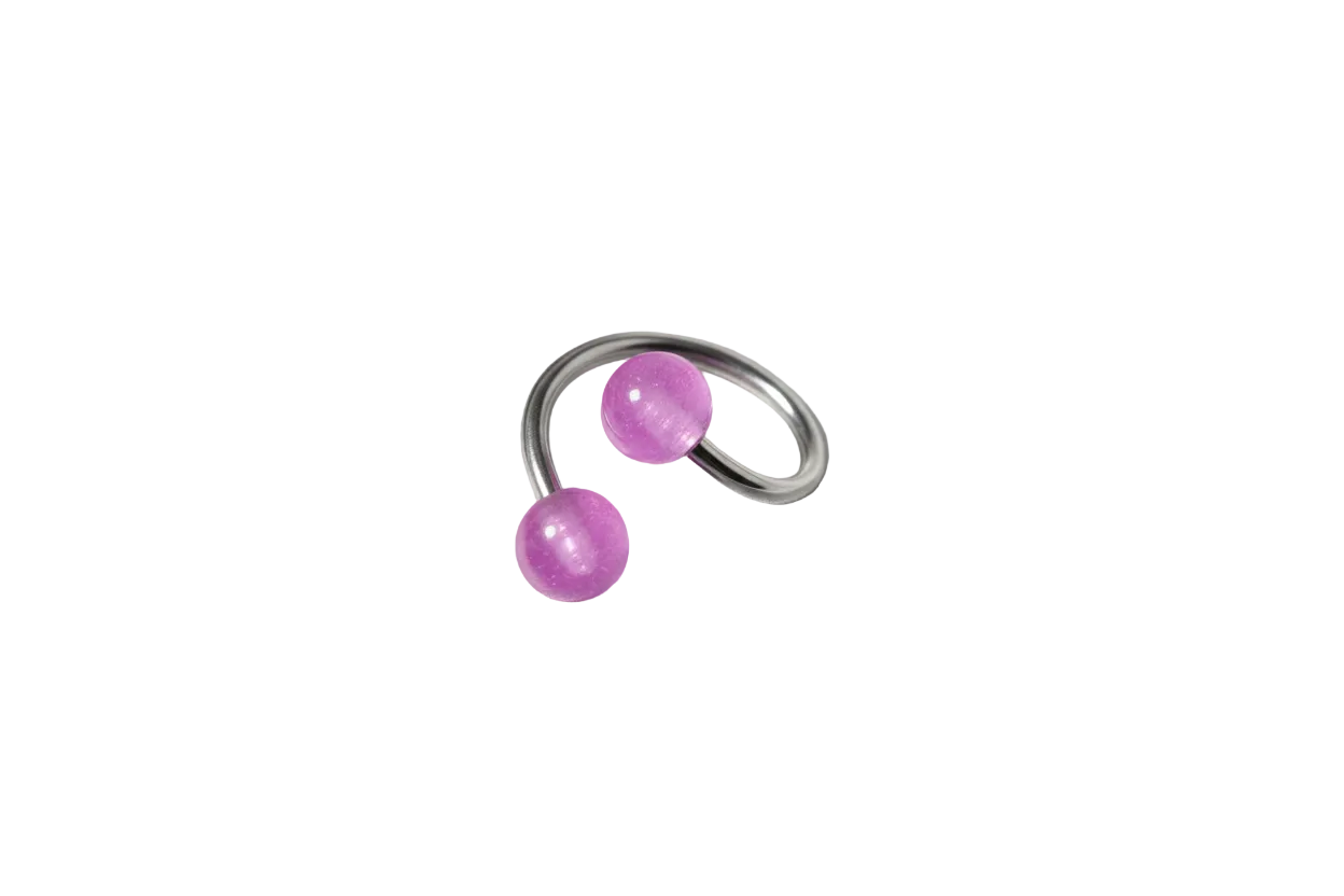 Purple Acrylic Glow Curled Barbell in 316l stainless steel close up detail.