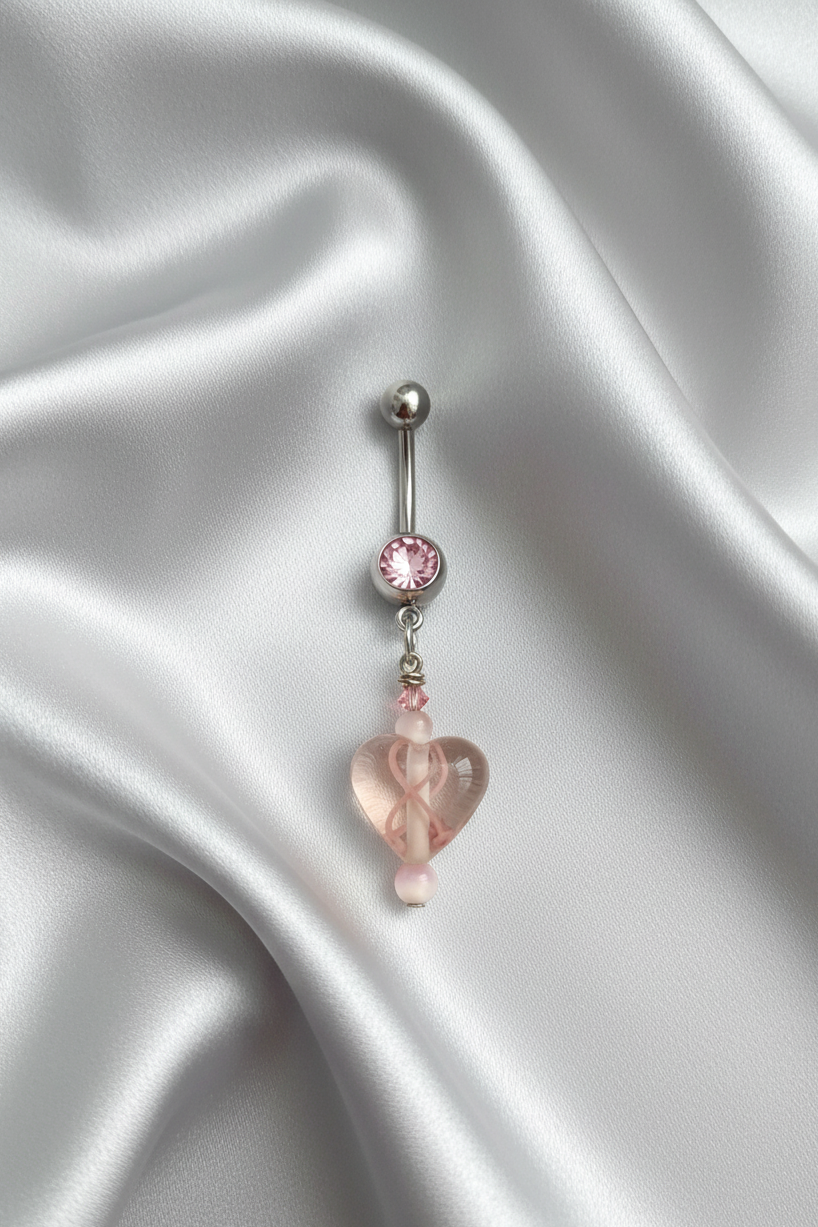 Pink Crystal Hope Ribbon Heart Belly Button Ring in 316l stainless steel.