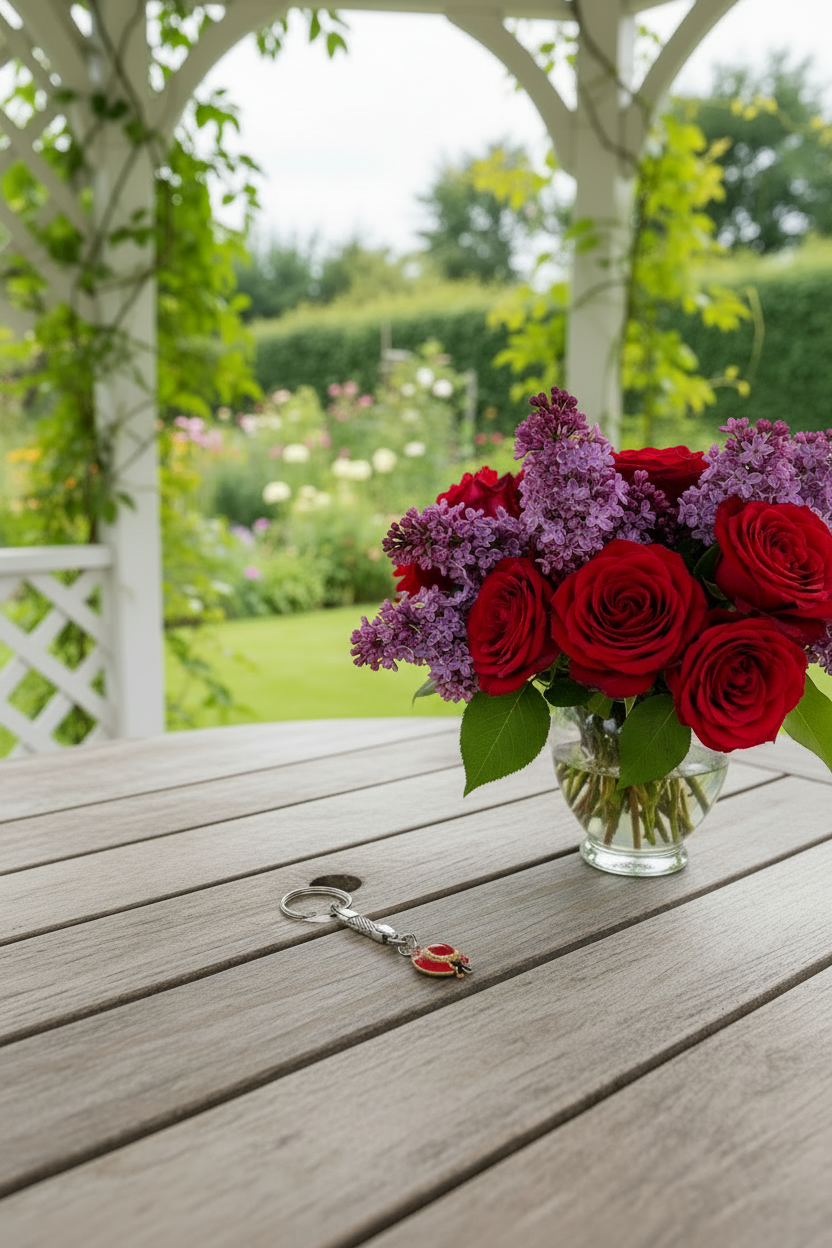 Red and Purple Enamel Hat Handmade Silver Plated Charm Keychain on a table next to a vase of red roses and purple lilacs inside of a gazebo in a flower garden.