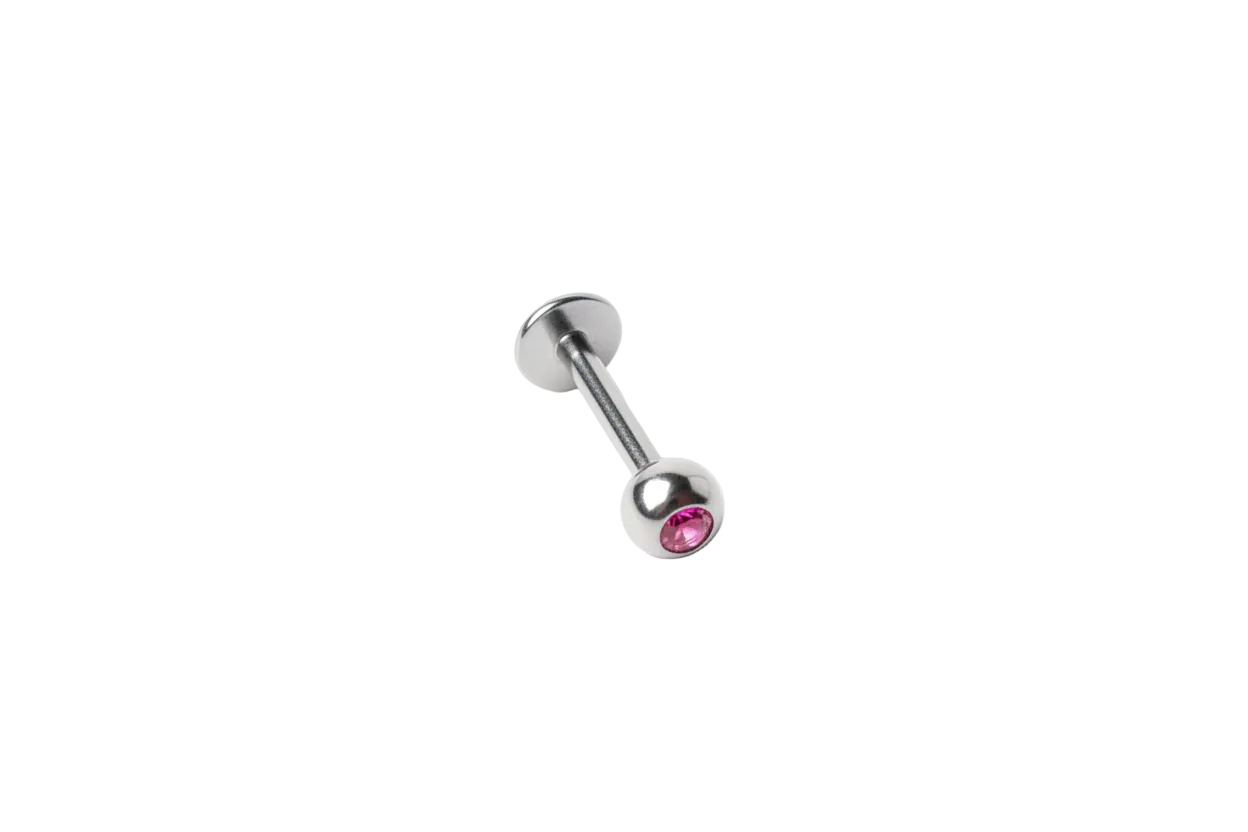 Fuchsia Pink Crystal Labret Lip Ring in 316l stainless steel angled view.