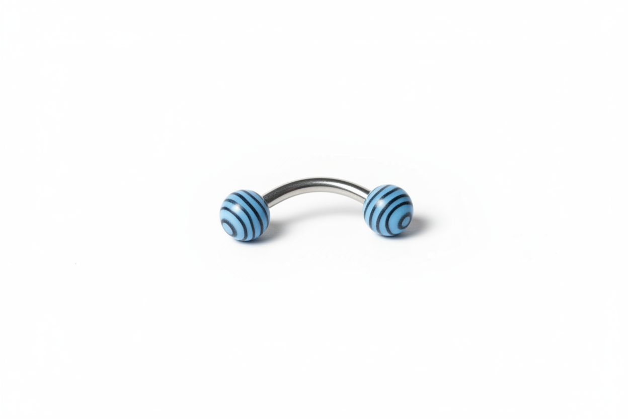 Blue and Black Tiger Striped Acrylic Eyebrow Ring in 316l stainless steel close up detail.