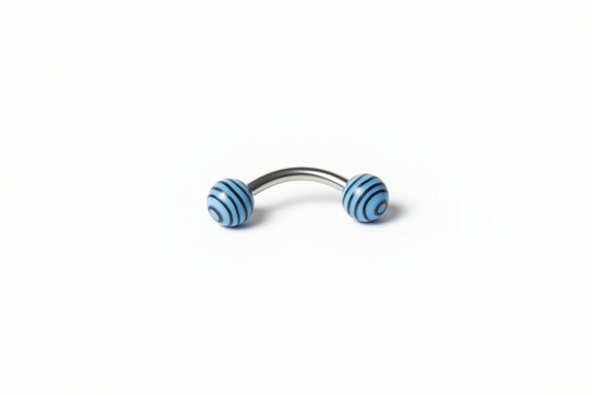 Blue and Black Tiger Striped Acrylic Eyebrow Ring in 316l stainless steel close up detail.