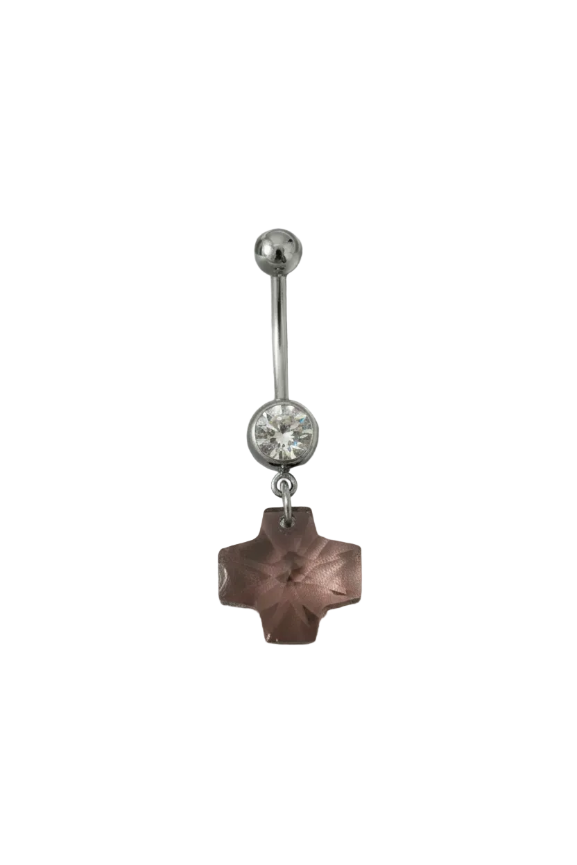 Purple Swarovski Crystal Cross Belly Button Ring in 316l stainless steel close up detail.