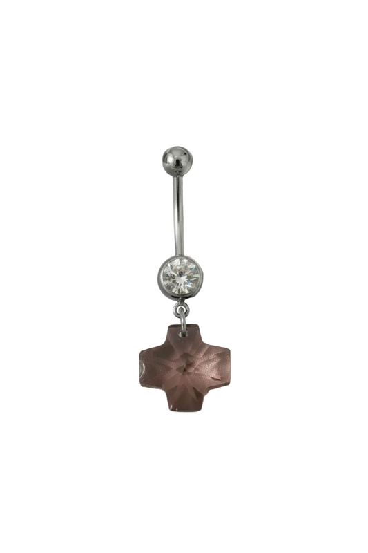 Purple Swarovski Crystal Cross Belly Button Ring in 316l stainless steel close up detail.