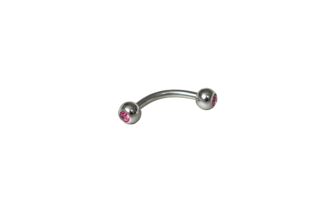 Pink Crystal Eyebrow Ring in 316l stainless steel close up detail.