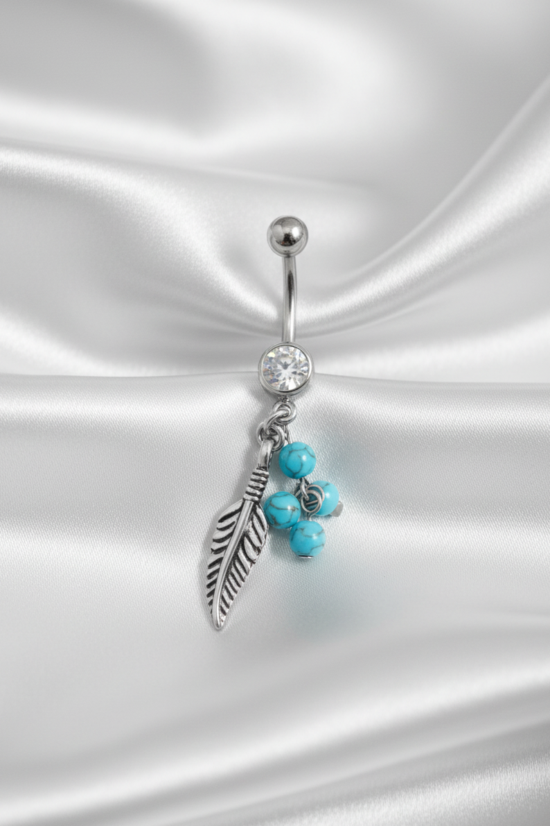 Clear Crystal Turquoise Feather Belly Button Ring in 316l stainless steel.