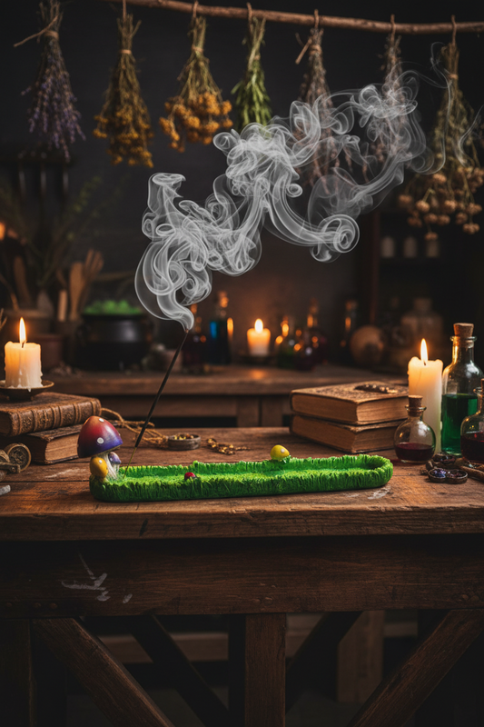 Red Mushroom Resin Incense Holder - Free Incense on the counter in a mystic kitchen with incense burning and smoke rising.