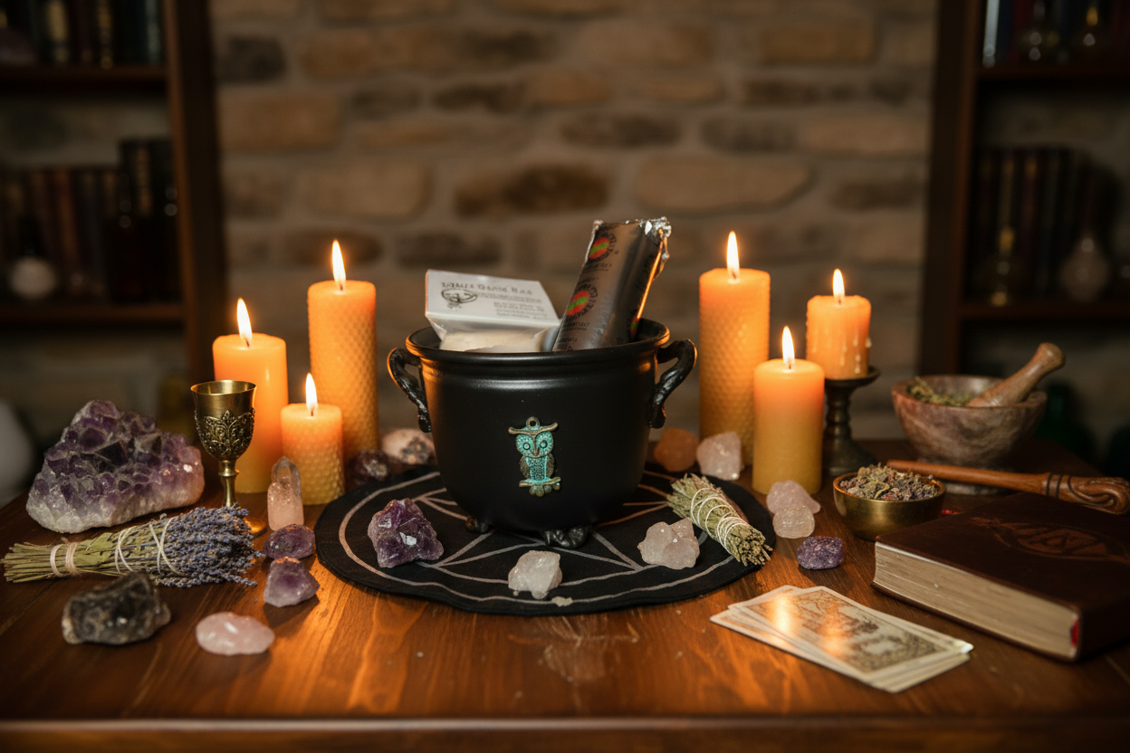 Metal Witches Cauldron with Owl