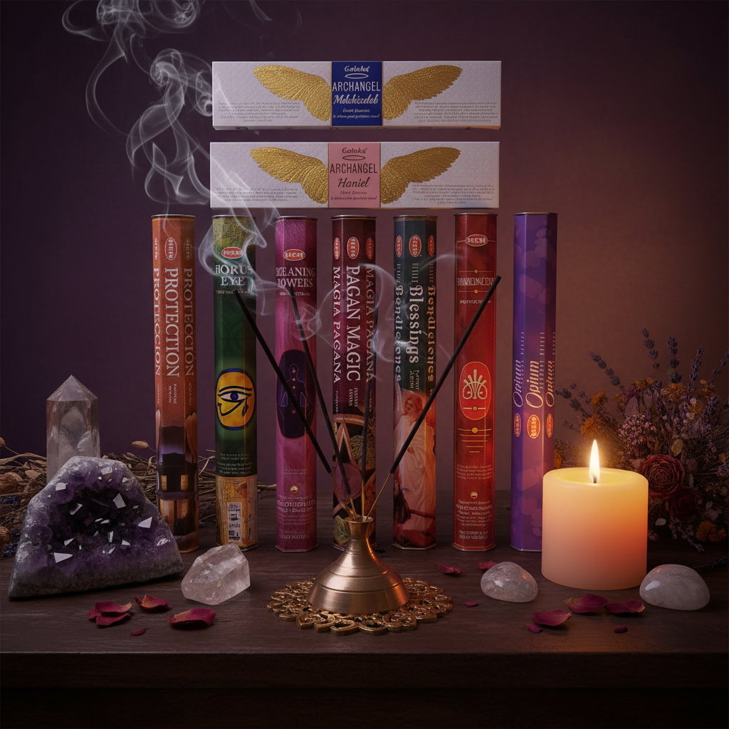 Angelic Blessings Incense Variety Gift Package burning in a mystic setting with smoke rising.