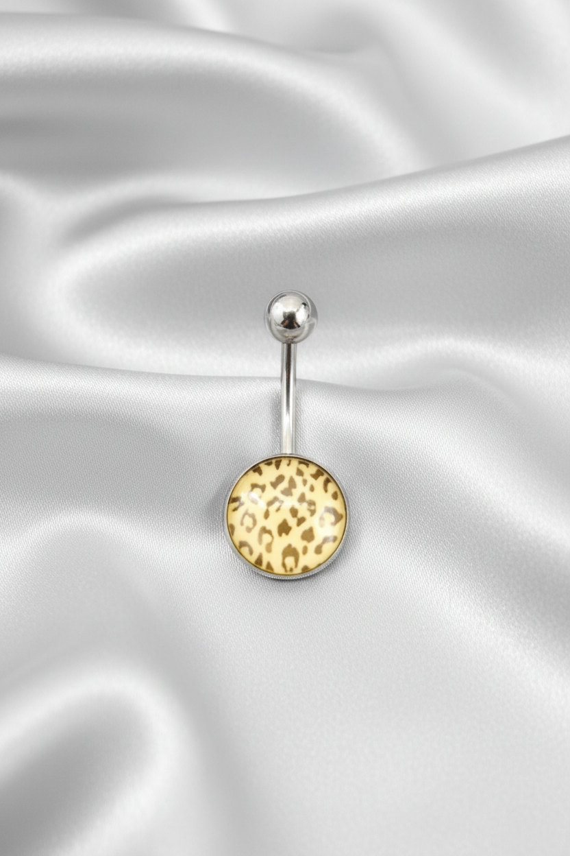 White Leopard Print belly button ring in 316l stainless steel