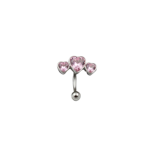 Pink Crystal Triple Heart Eyebrow Ring in 316l stainless steel close up detail.