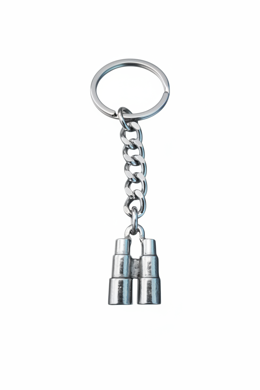 Explorer Binoculars Handmade Silver Plated Charm Keychain on a white background.