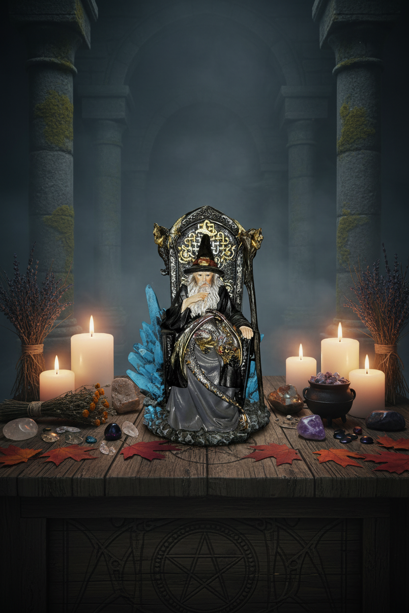 Merlin the Wizard with Dragon Resin Figurine - Mystical Home Decor on a spiritual gothic altar.