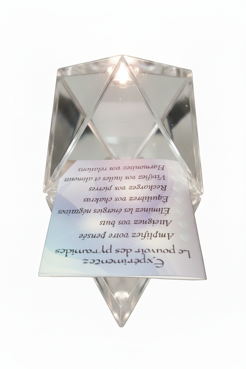 Clear demo mini pyramid keepsake box open on a white background showing mirrored base interior.